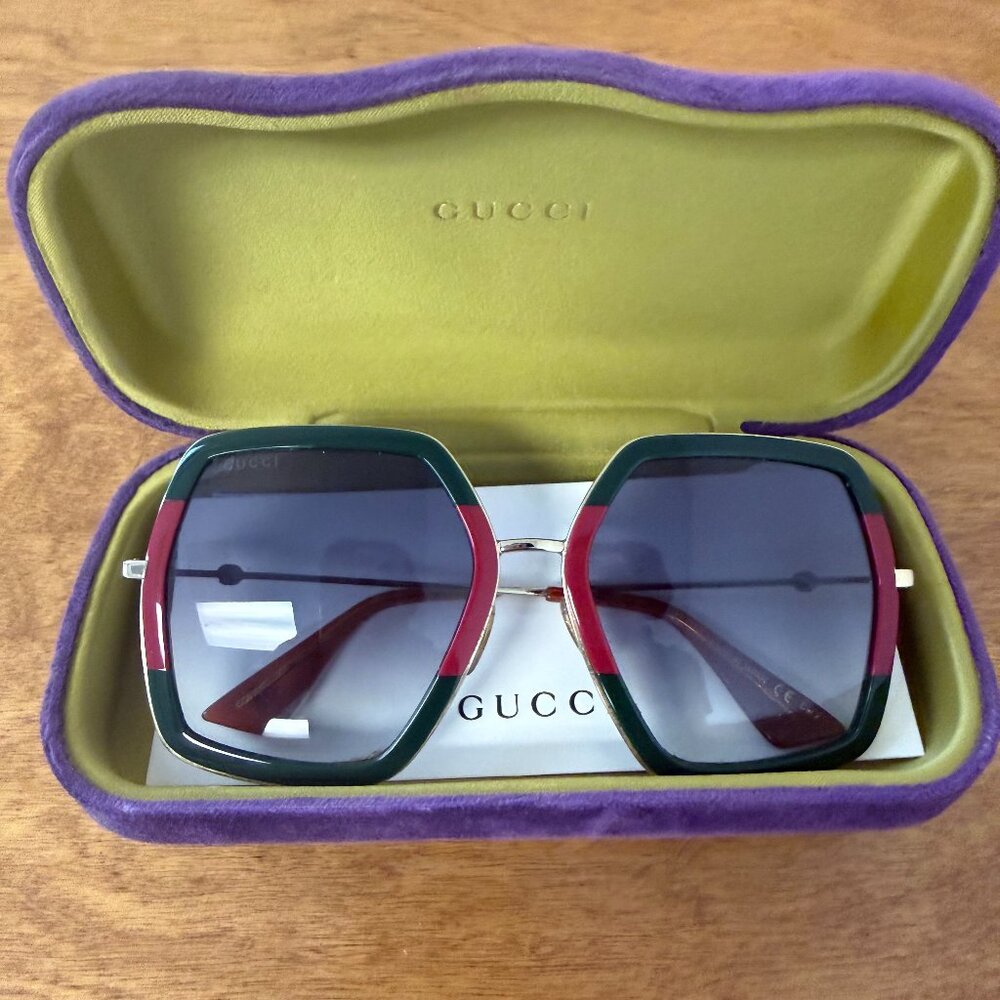 Gucci GG Oversized Square Sunglasses Green Red Web Frame w/ Case